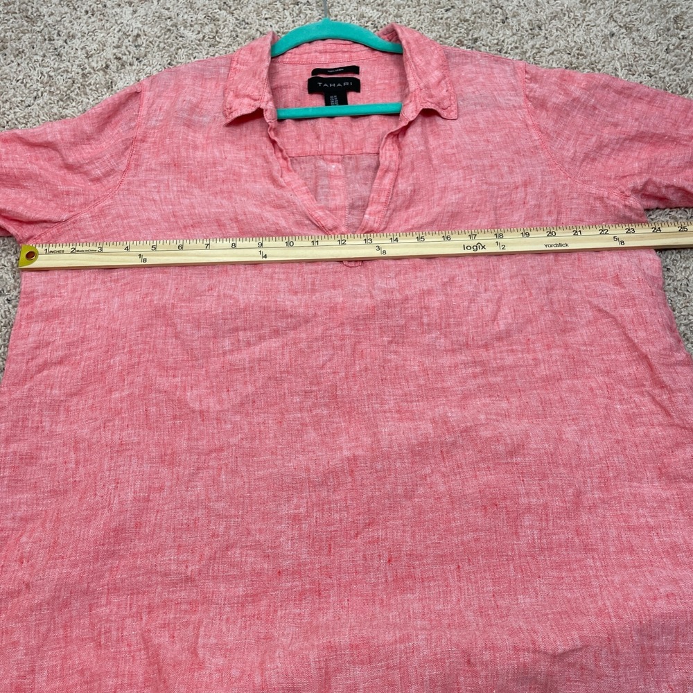 Tahari Linen Blouse Size 1X Plus Coral Faux Button Back Shirt Roll Tab Sleeves - Picture 7 of 10